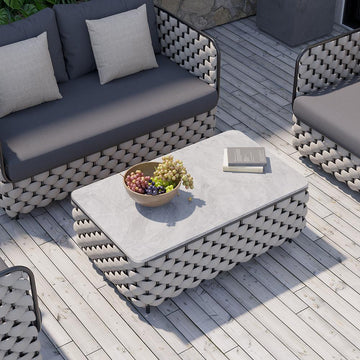 Modern Aluminum & Rope & Faux Marble Top Outdoor Patio Coffee Table in Gray